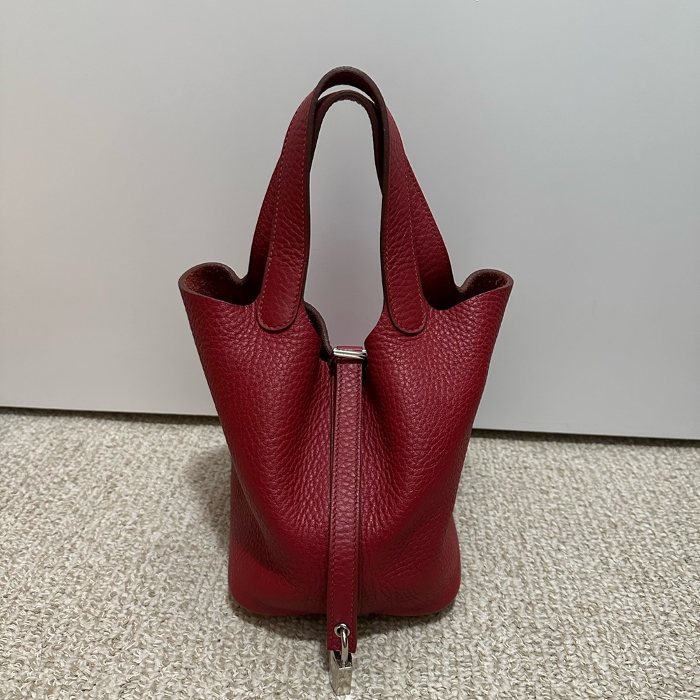 Hermes Picotin 18 Ruby Dark Red Clemence Leather Top Handle Bag